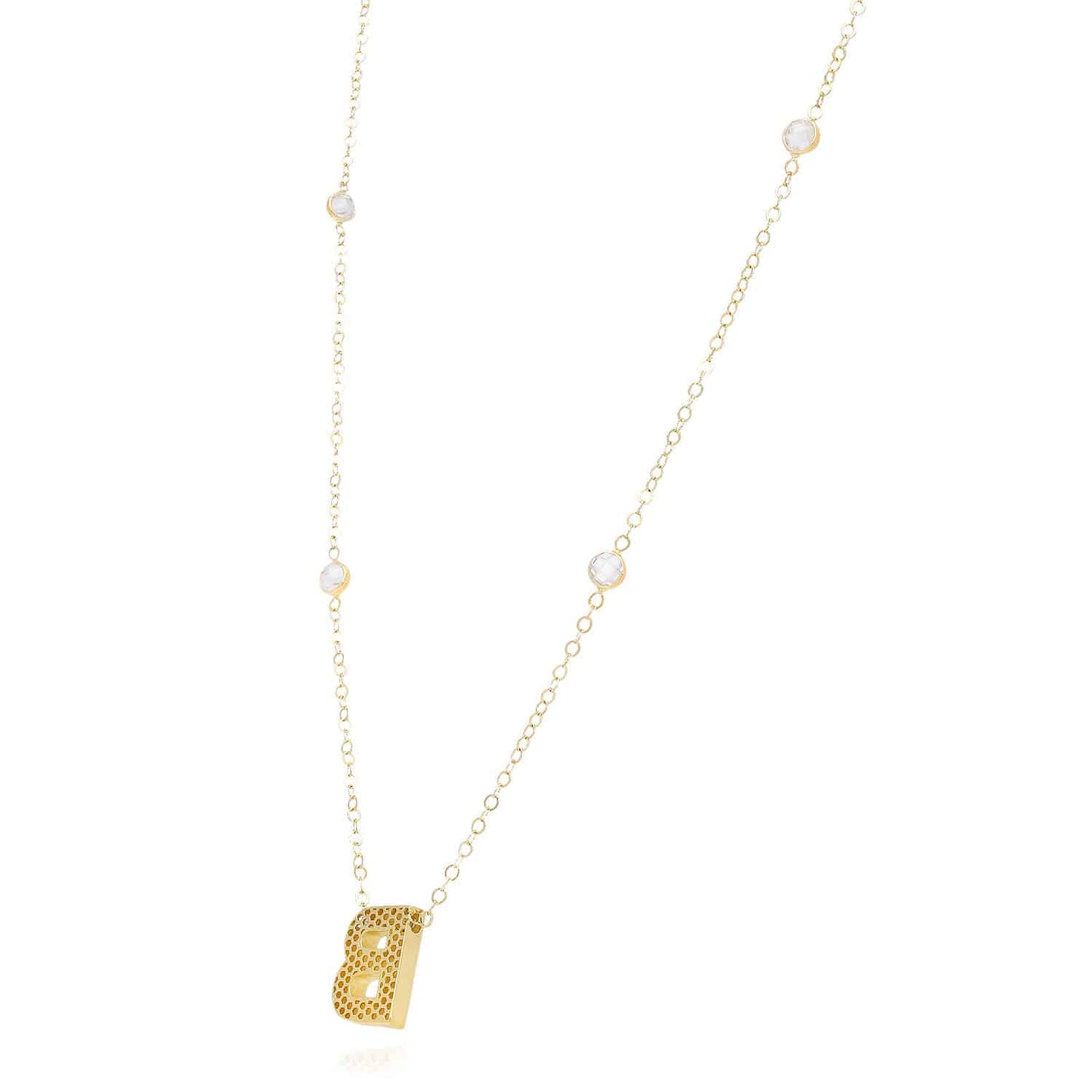 14K Yellow Gold Initial Charm Pendant Cable CZ Station Chain Necklace 17-18"