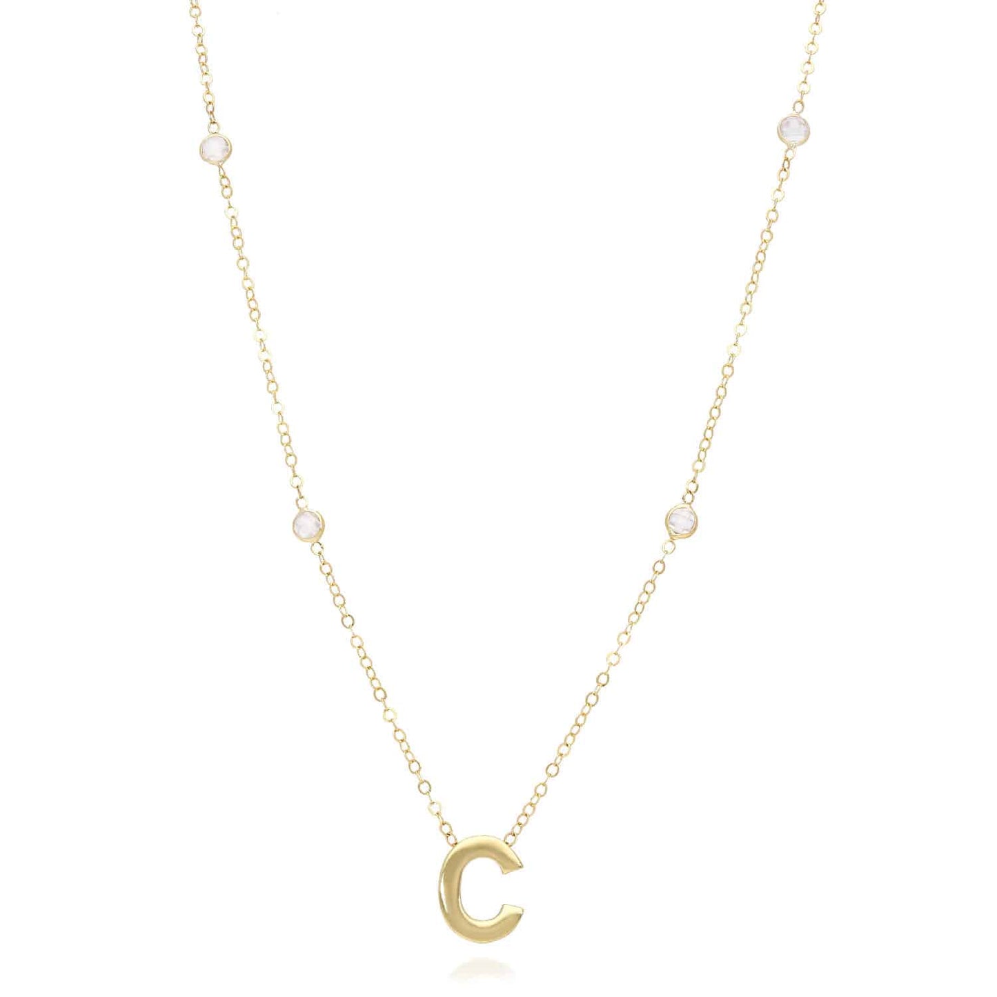 14K Yellow Gold Initial Charm Pendant Cable CZ Station Chain Necklace 17-18"