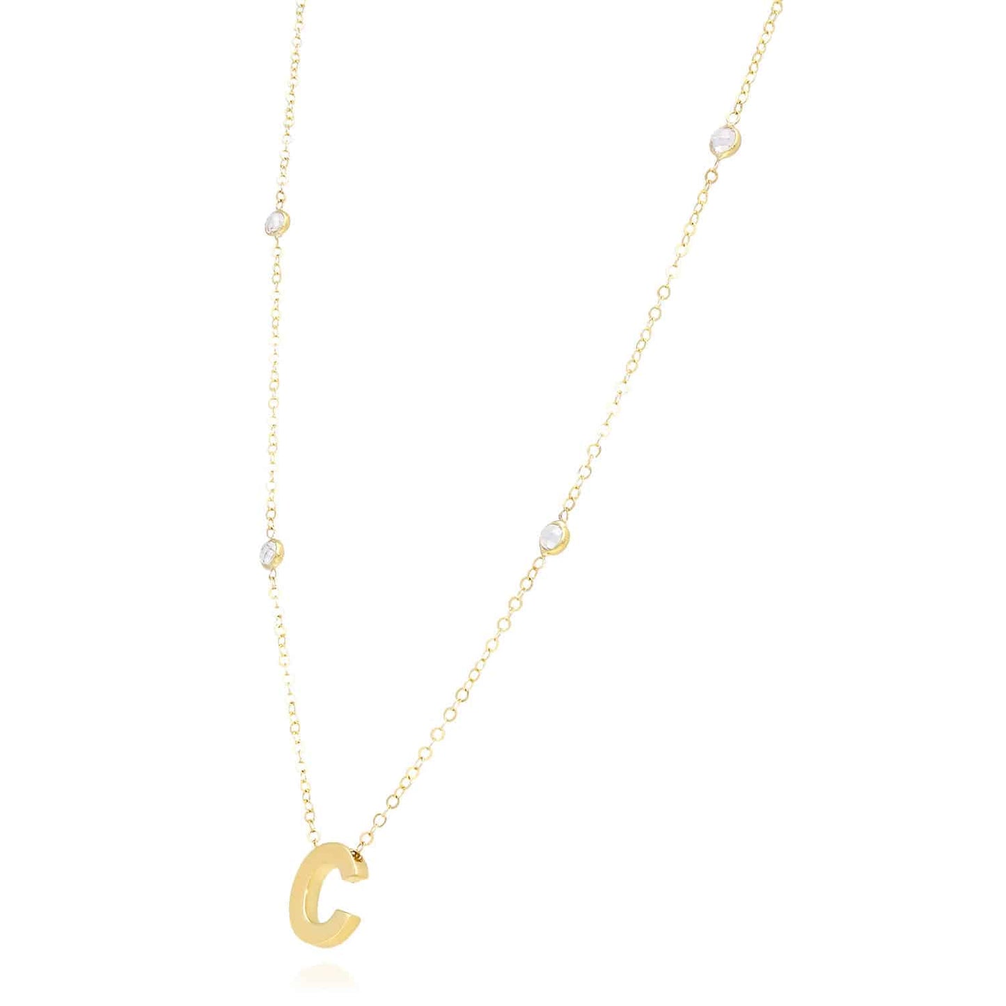 14K Yellow Gold Initial Charm Pendant Cable CZ Station Chain Necklace 17-18"