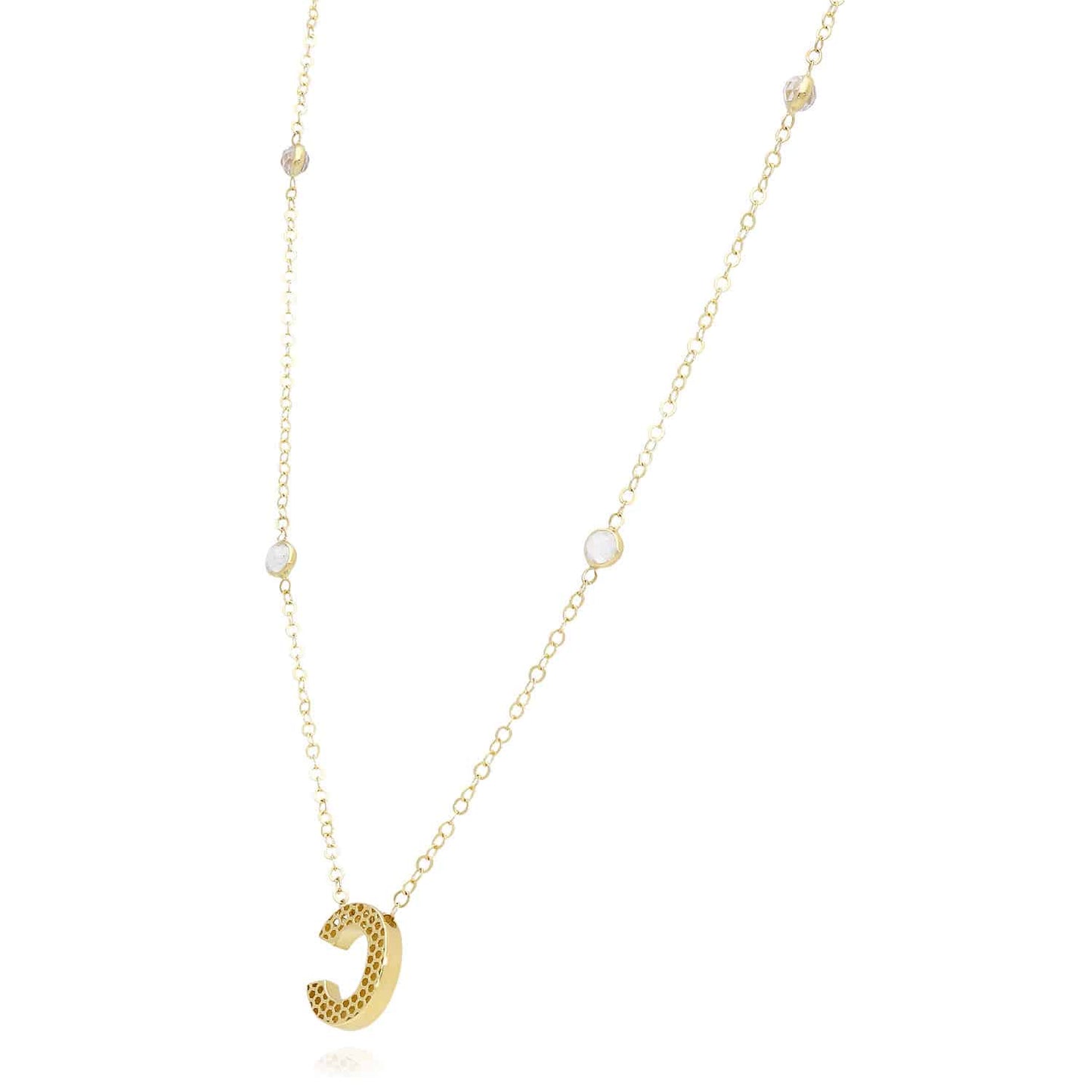 14K Yellow Gold Initial Charm Pendant Cable CZ Station Chain Necklace 17-18"