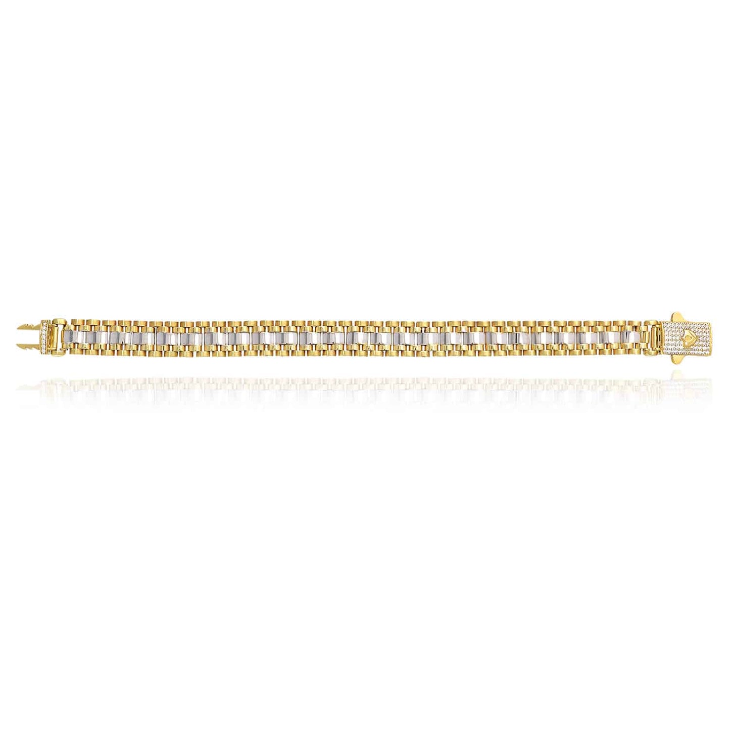 Solid 10K Gold Two-Tone 11mm CZ Pave Clasp Jubilee Bracelet 8.25"