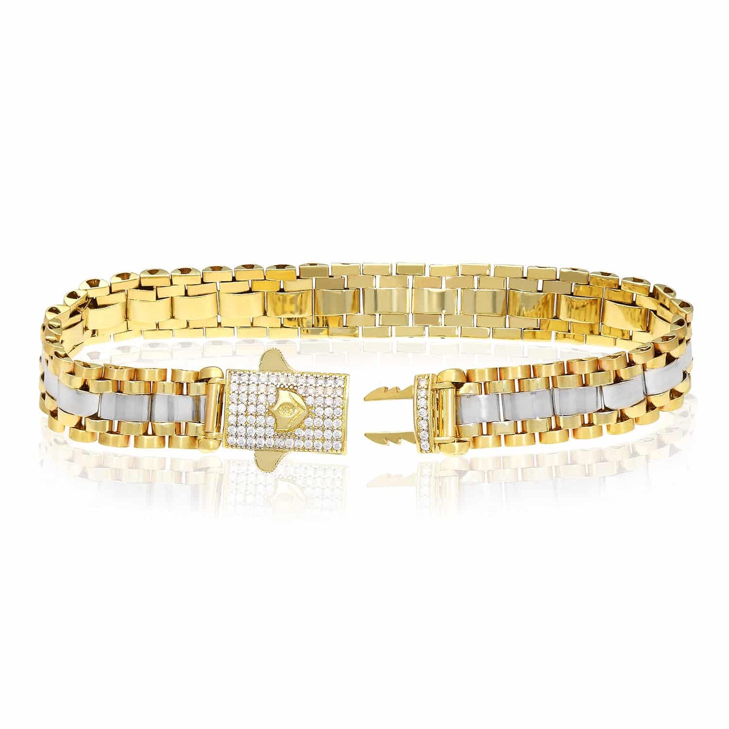 Solid 10K Gold Two-Tone 11mm CZ Pave Clasp Jubilee Bracelet 8.25"