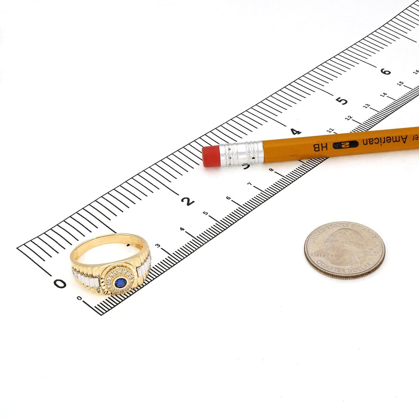 14K Gold Blue Sapphire and CZ Jubilee Signet Ring