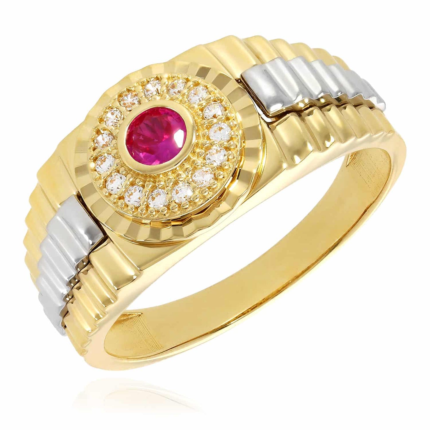 14K Gold Red Ruby CZ Jubilee Signet Ring