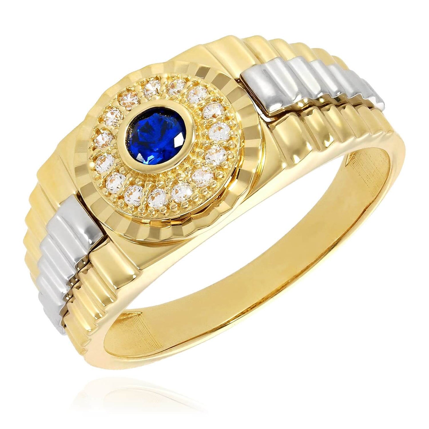 14K Gold Blue Sapphire and CZ Jubilee Signet Ring