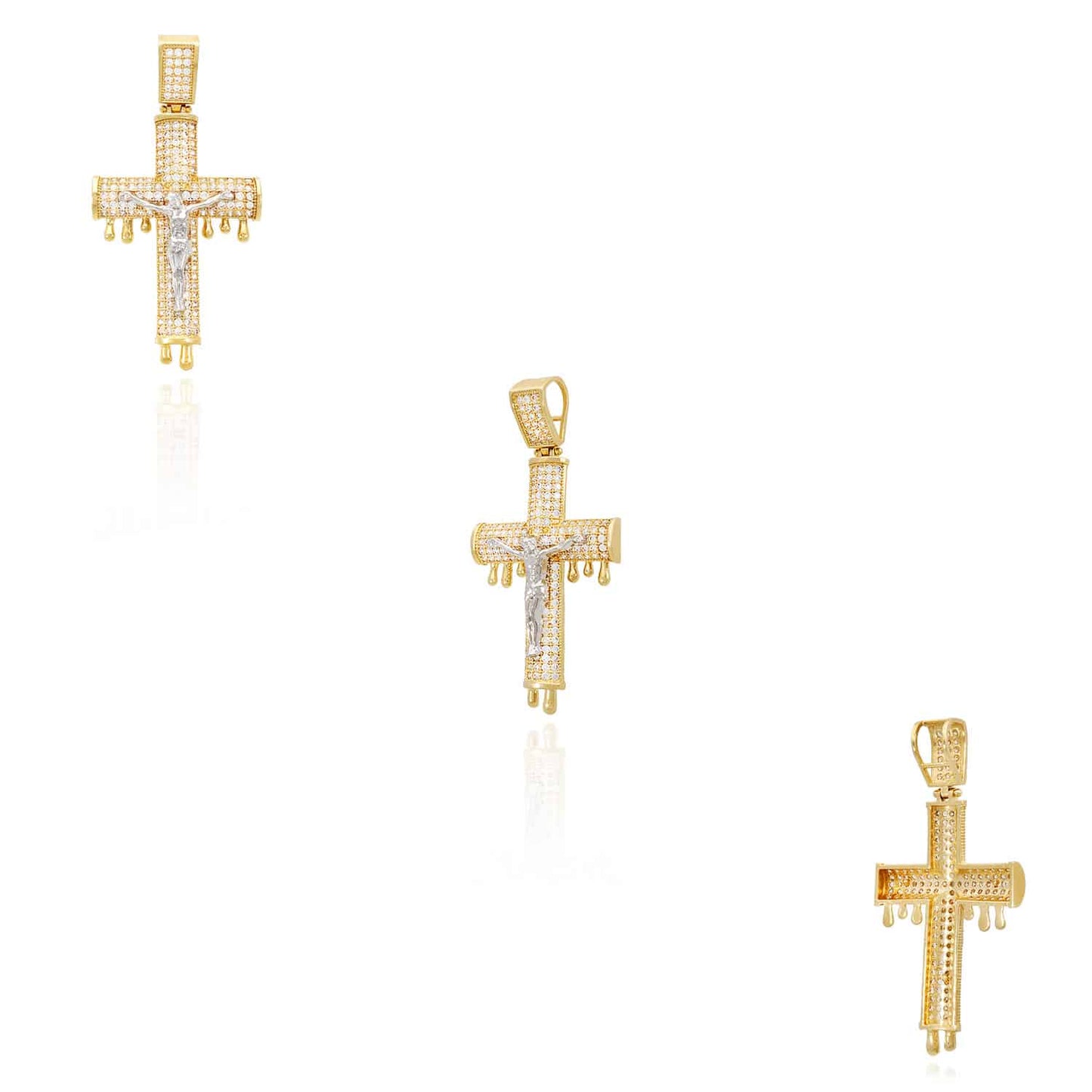 14K Yellow Gold CZ Pave Dripping Crucifix Cross Pendant 2"
