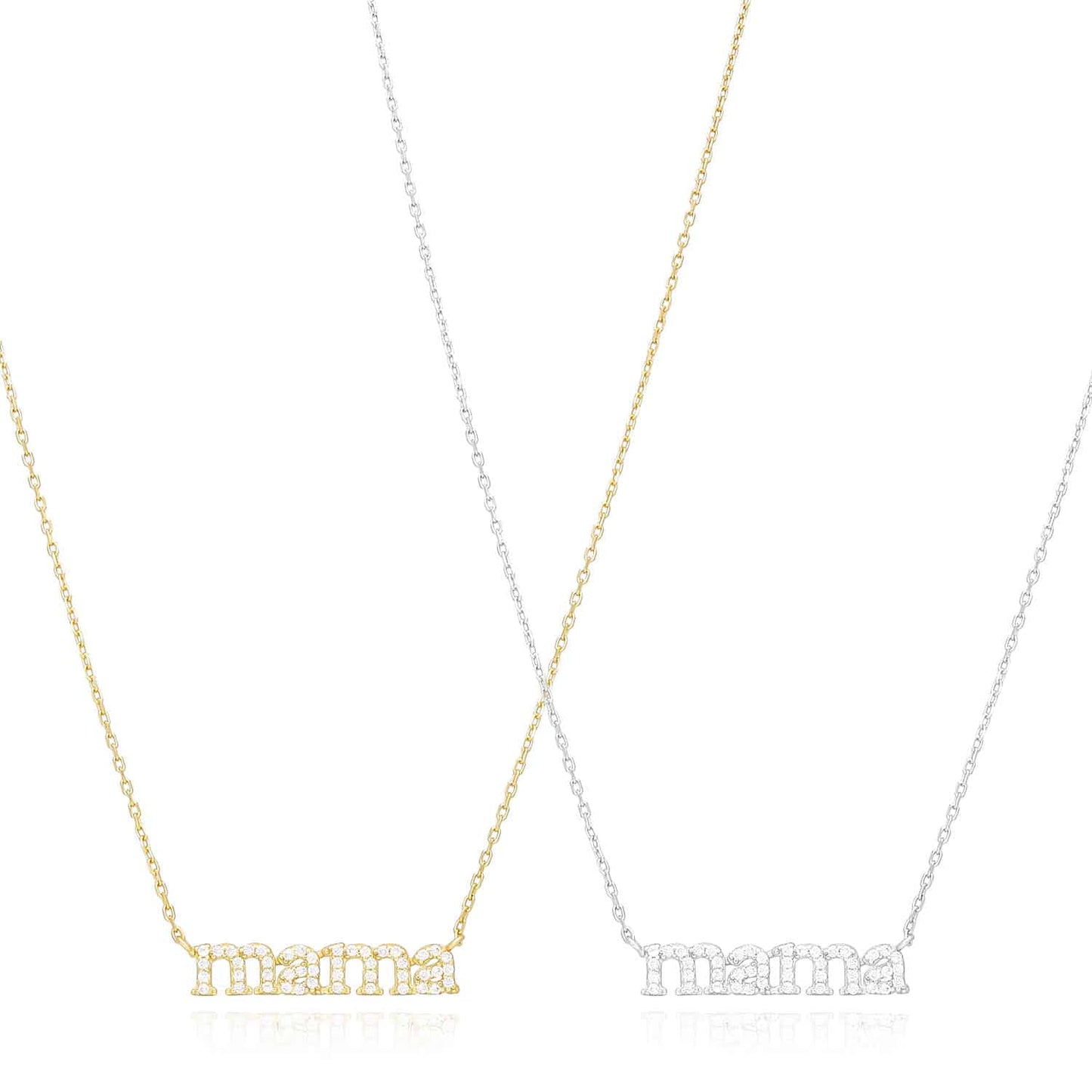 14K Yellow White Gold Over Silver CZ MAMA Plate Cable Necklace 16-18" Adjustable