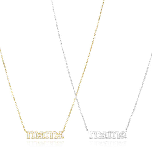 14K Yellow White Gold Over Sterling Silver CZ MAMA Plate Cable Necklace (Solid Links) 16"-18" Adjustable