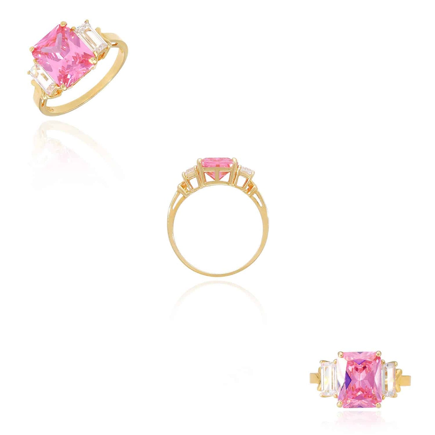 4CTW CZ Pink Tourmaline Radiant 3-Stone 14K Gold Engagement Ring