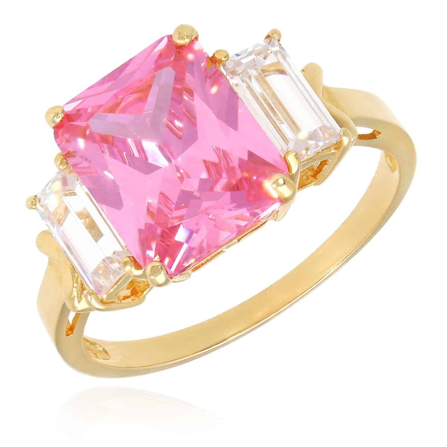 4CTW CZ Pink Tourmaline Radiant 3-Stone 14K Gold Engagement Ring