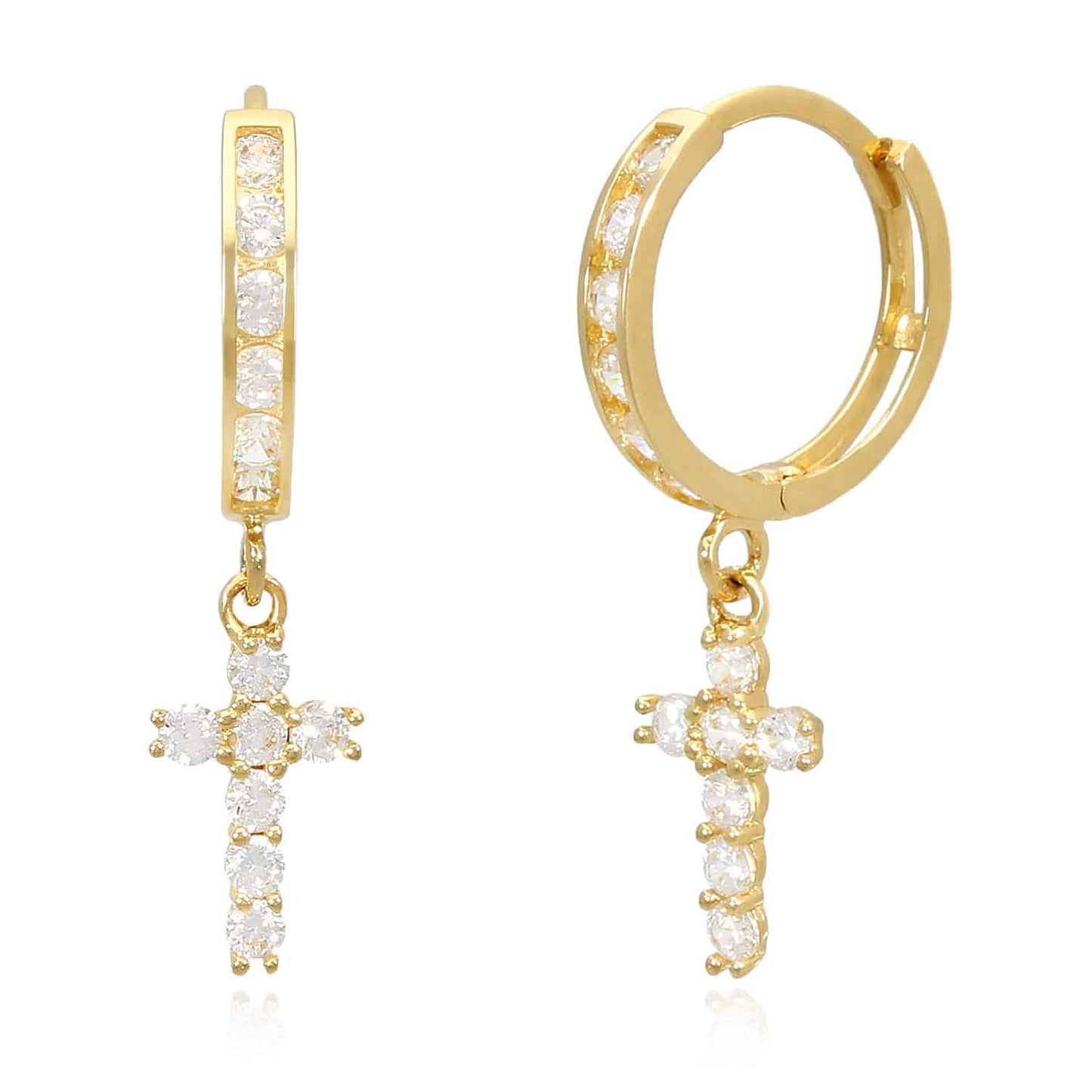 14K Yellow White Gold CZ Cross Huggie Hoop Earrings 0.94"