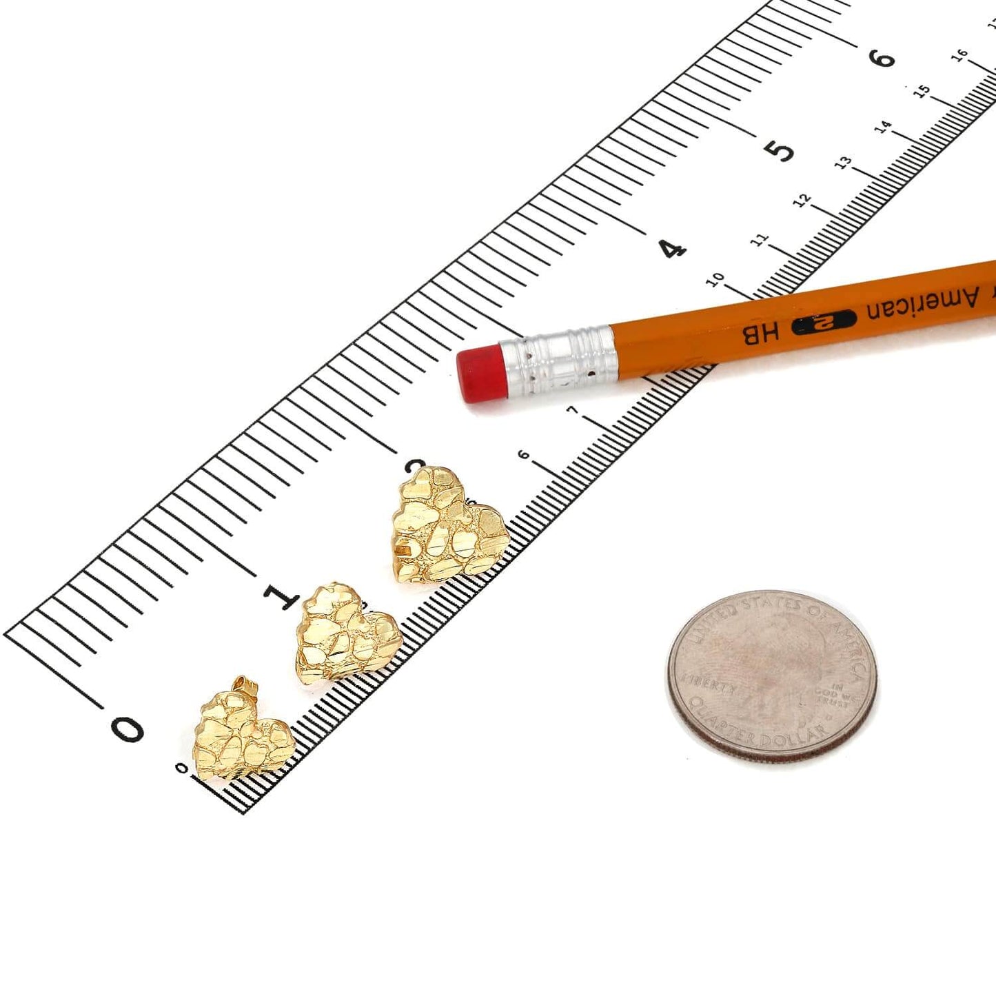 10K Yellow Gold Heart Nugget Stud Earrings 11mm 12mm 17mm