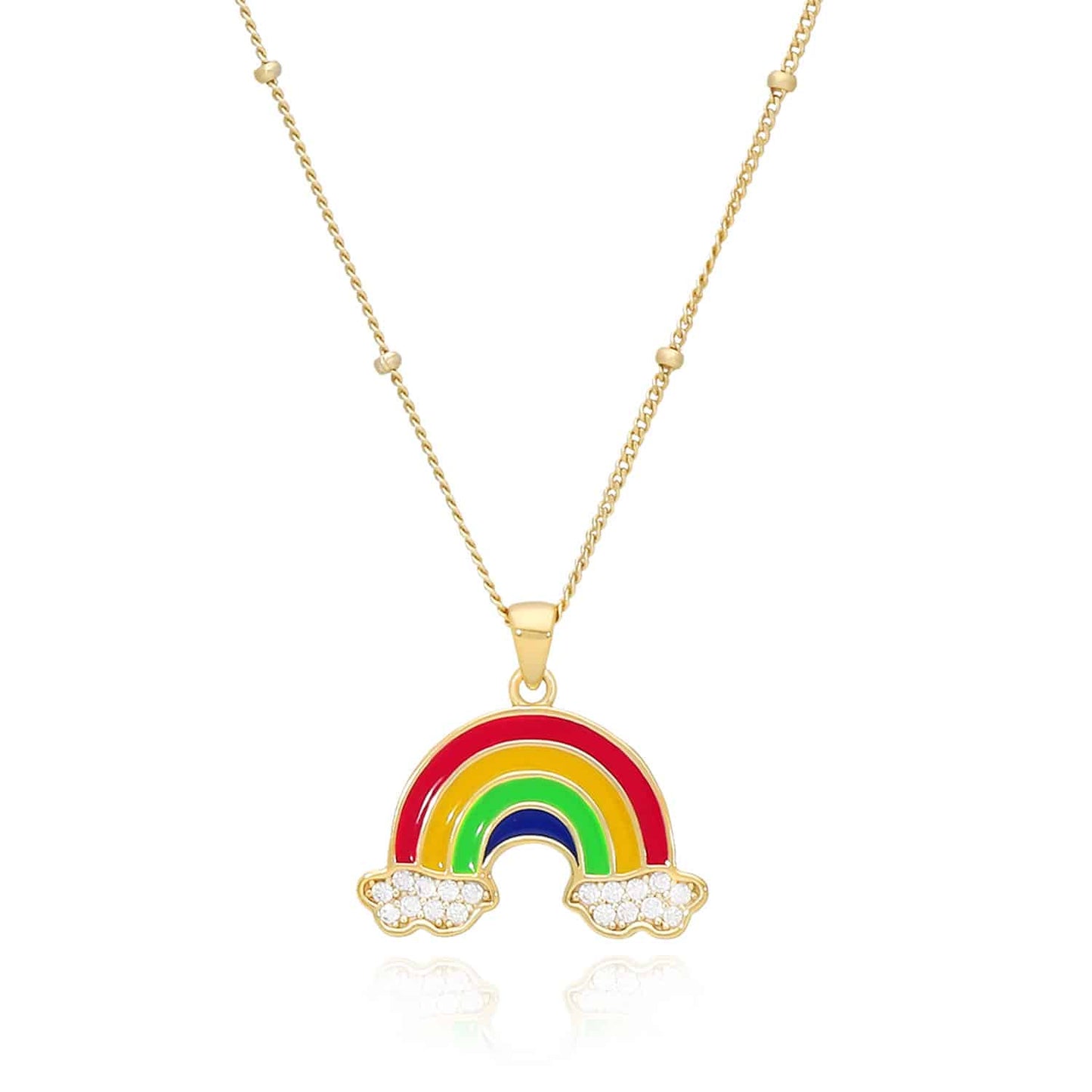 14K Gold Over Silver Enamel Rainbow Pendant on Ball Station Cuban Chain Necklace