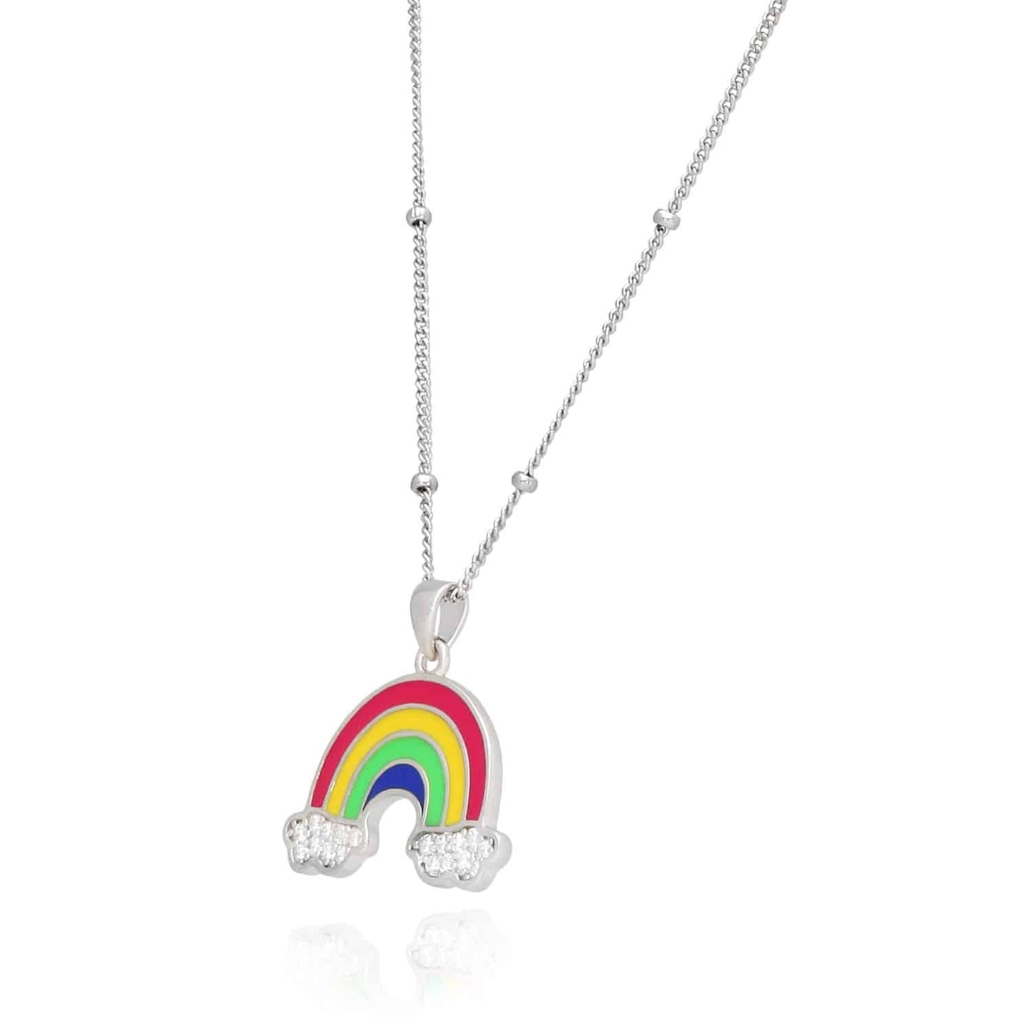 14K Gold Over Silver Enamel Rainbow Pendant on Ball Station Cuban Chain Necklace