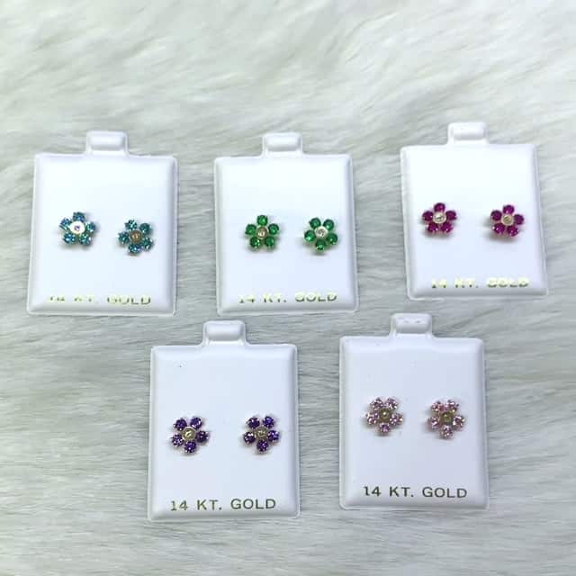 14K Yellow Gold Color Simulated Gemstone Flower Screw Back Stud Earrings