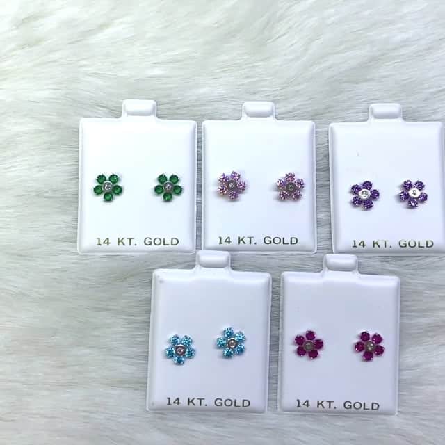 14K Solid White Gold Color Gemstone Flower Screw Back Stud Earrings