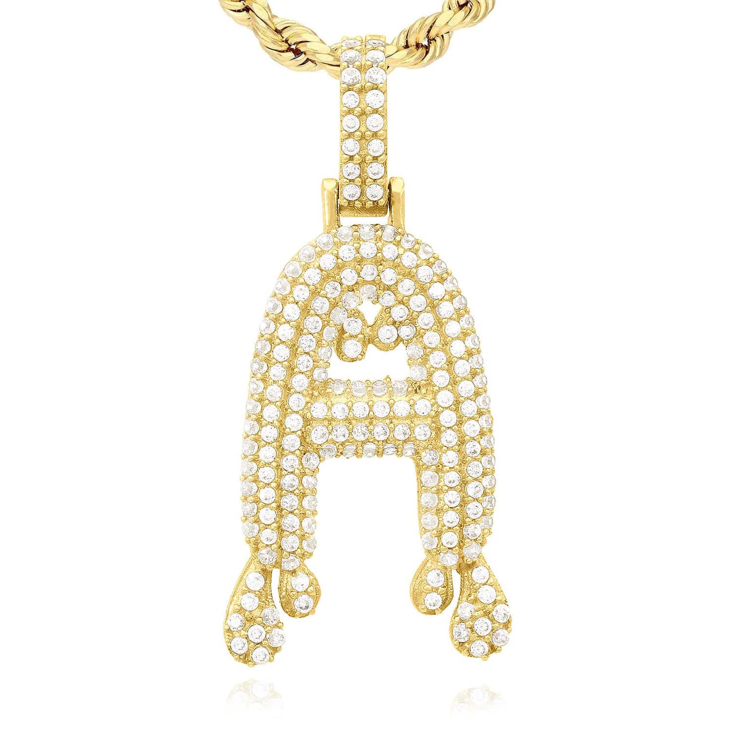 14K Yellow Gold CZ Iced Out Dripping Initial Letter Pendant 1.7"