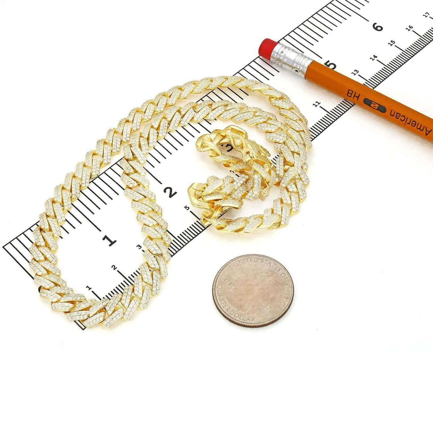 Gold Over Silver CZ Pave 8.5mm Edge Miami Chain Necklace 16-24"