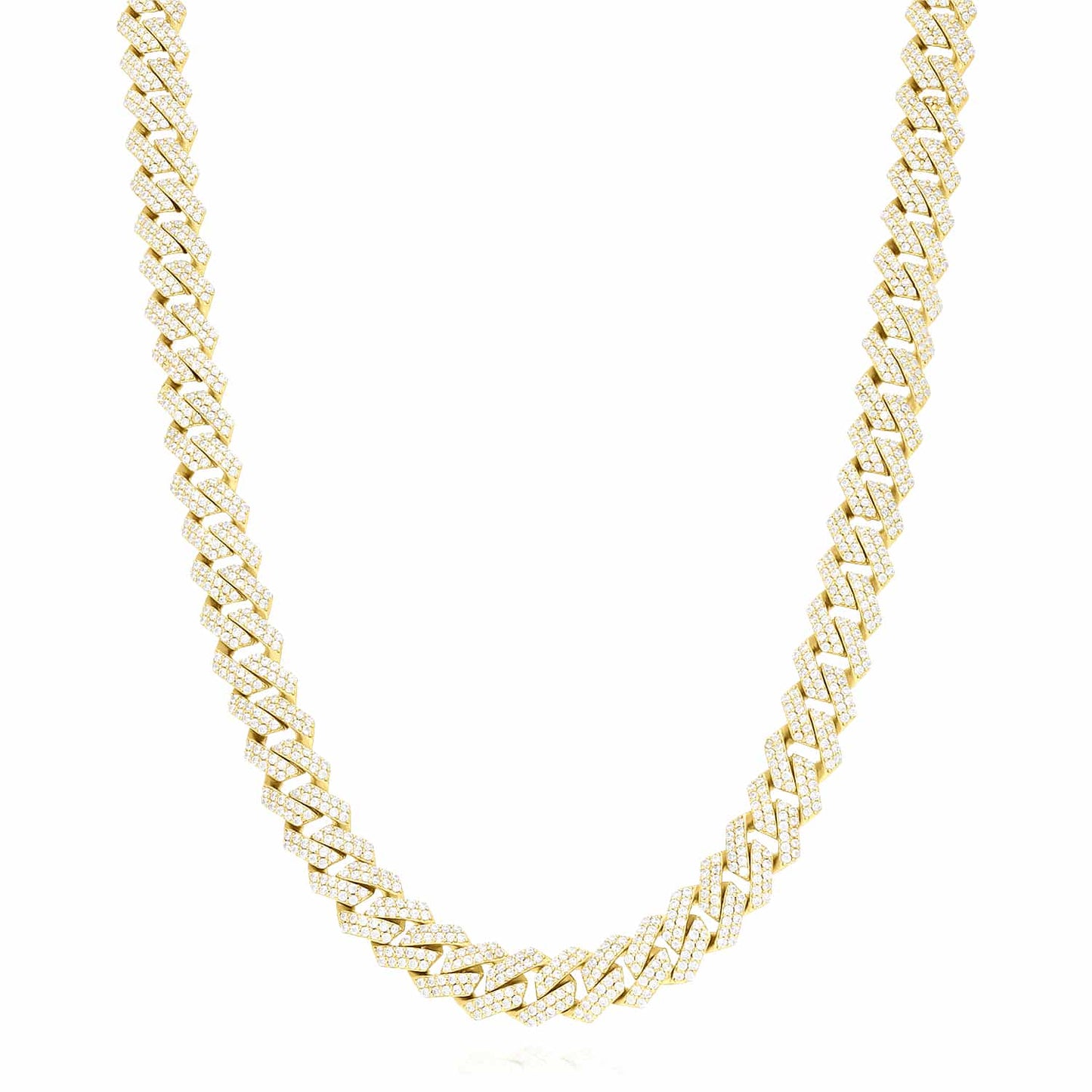 Gold Over Silver CZ Pave 8.5mm Edge Miami Chain Necklace 16-24"