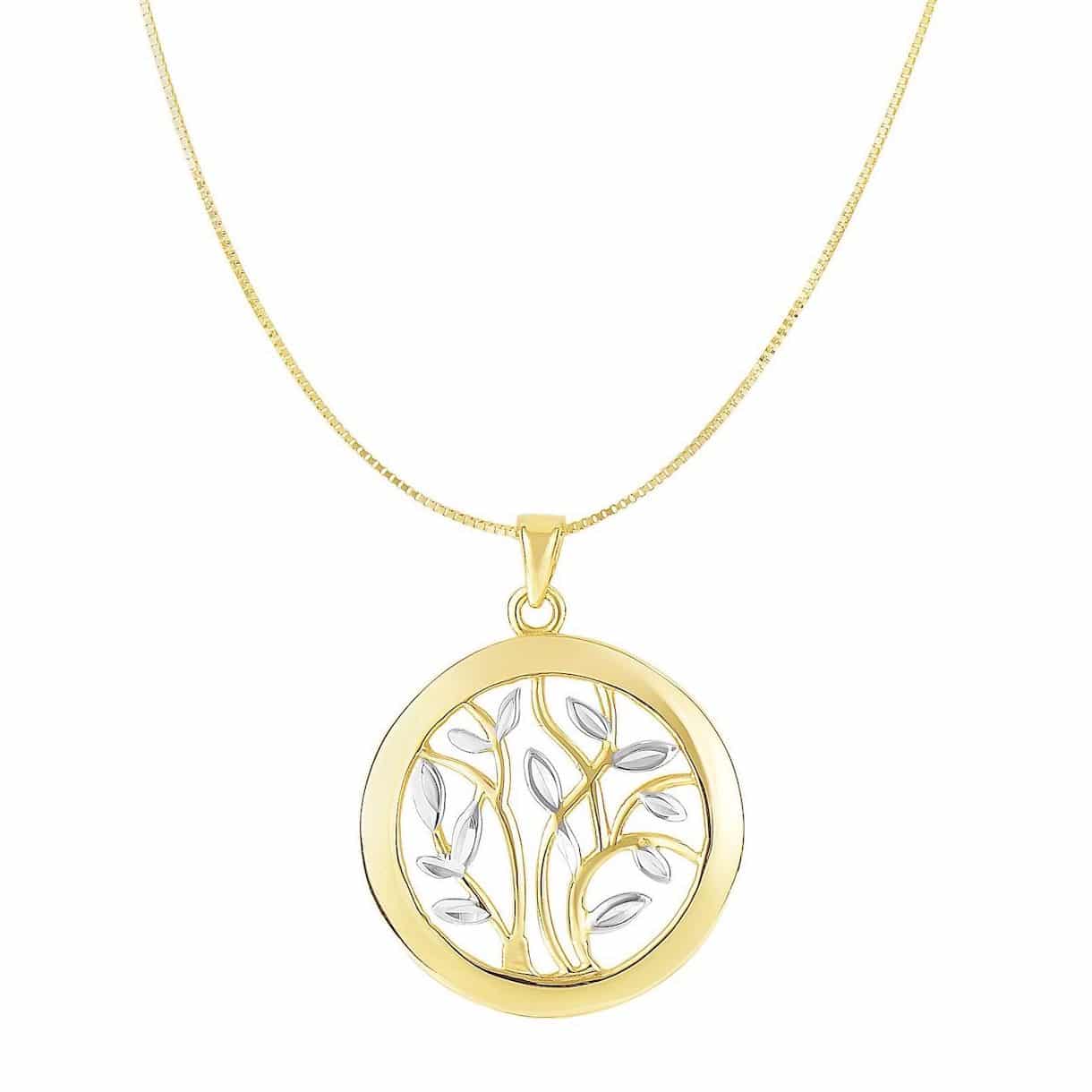 14K Gold Round Tree of Life Circle Pendant Box Chain Necklace 18"