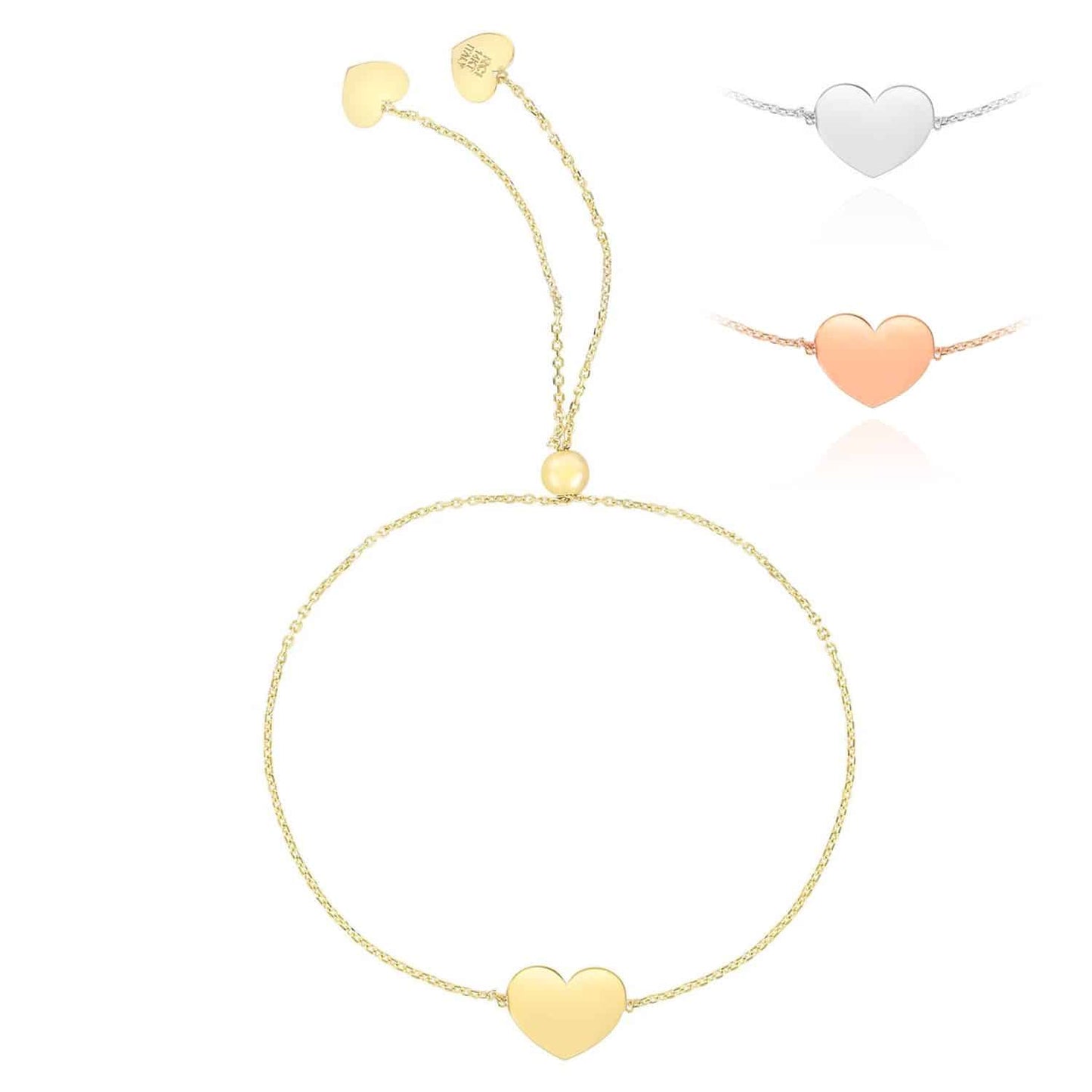 14K Real Gold White Rose Cable Heart Friendship Bolo Bracelet 9.25" Adjustable