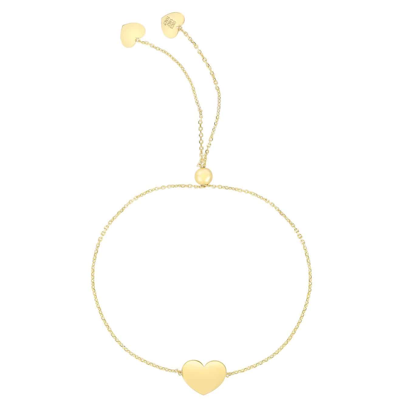 14K Real Gold White Rose Cable Heart Friendship Bolo Bracelet 9.25" Adjustable