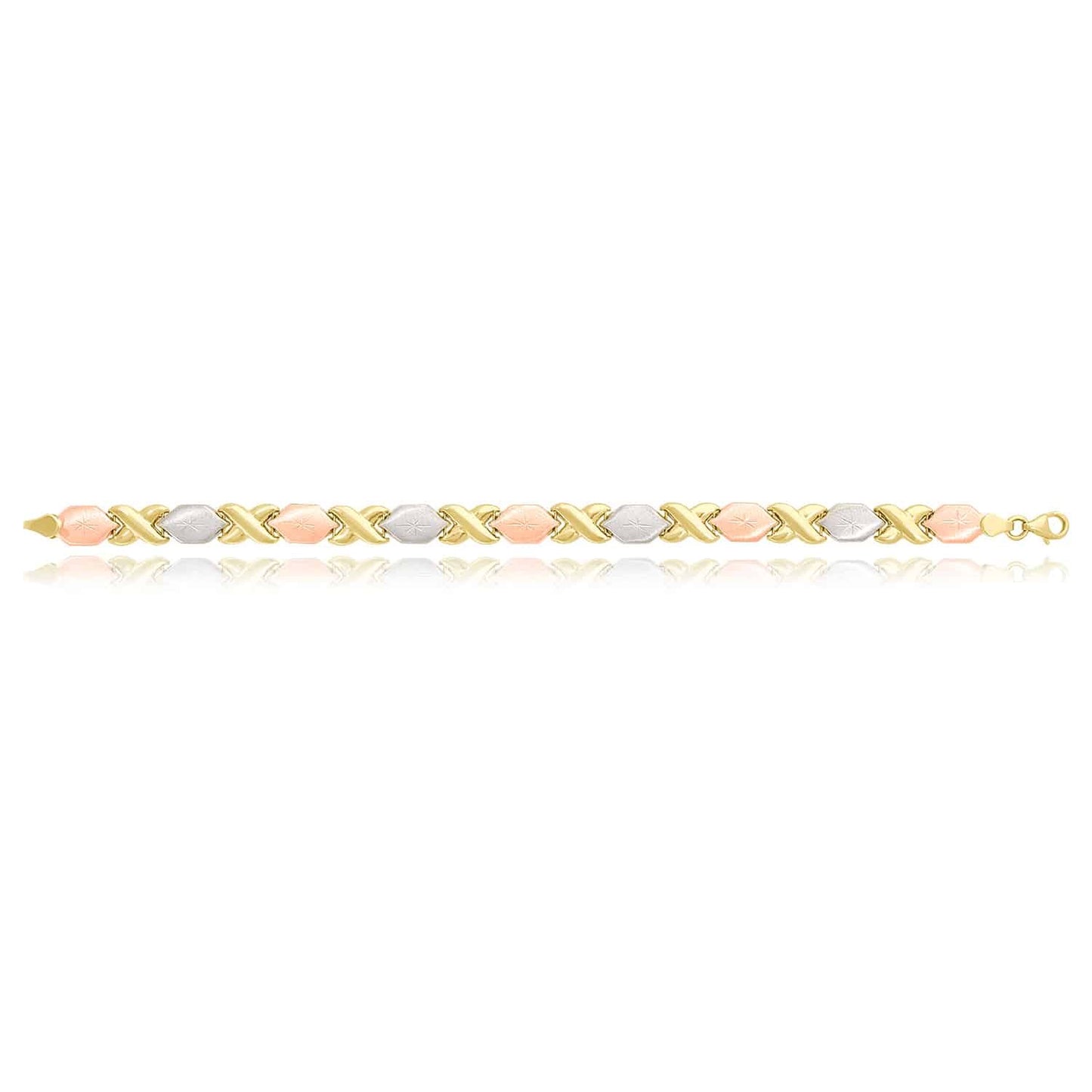 14K Gold Tri-Color 7mm Diamond-Cut Stampato XO Bracelet 7"