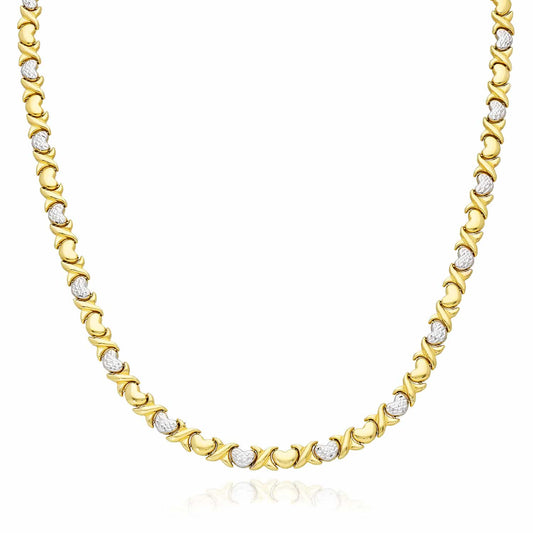 10K Two-Tone Gold 6mm Diamond-Cut Hearts & Kisses XO Necklace (Hollow) 17.5"