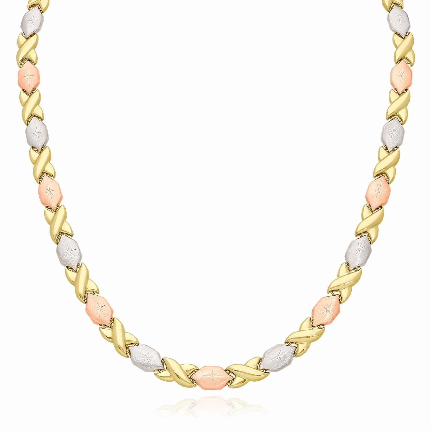 14K Gold Tri-Color 7mm Diamond-Cut Stampato XO Necklace 17