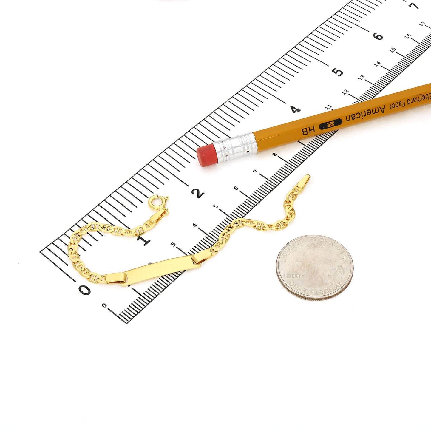 Kids 14K Yellow Gold Over Sterling Silver 3.5mm Anchor Mariner Engravable ID Bar Bracelet (Solid Links) 6"