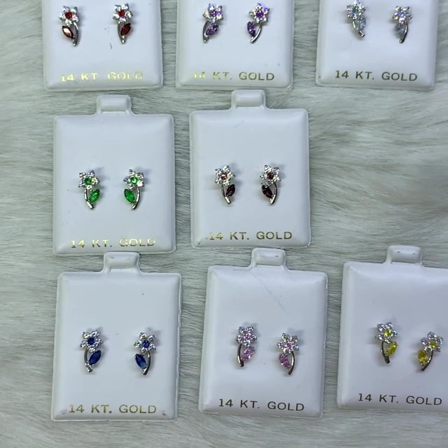 14K White Gold Color Birthstone Flower Plant Screw Back Kids Stud Earrings