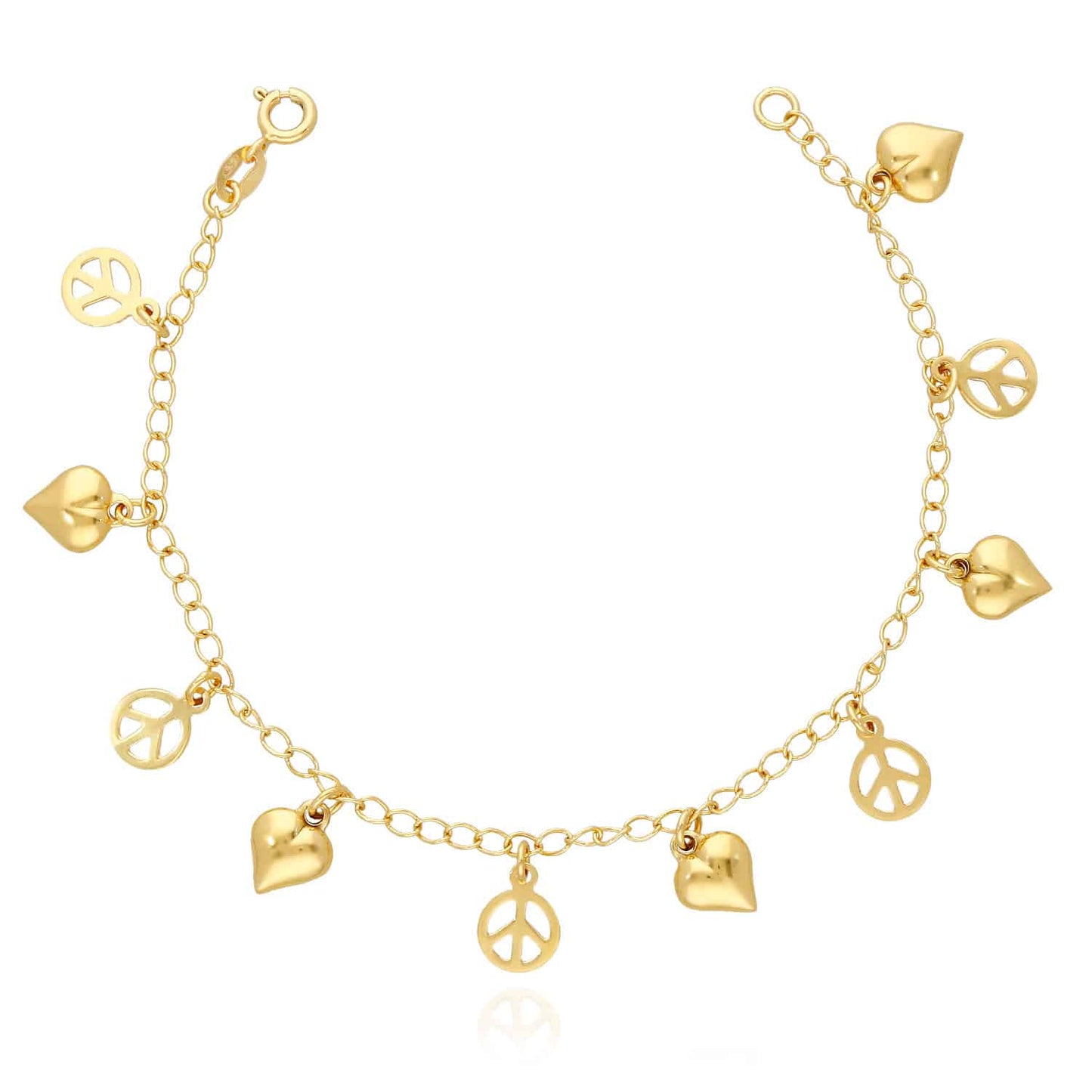 14K Gold Over Silver 2.5mm Puffed Hearts & Peace Signs Charms Bracelet 8"