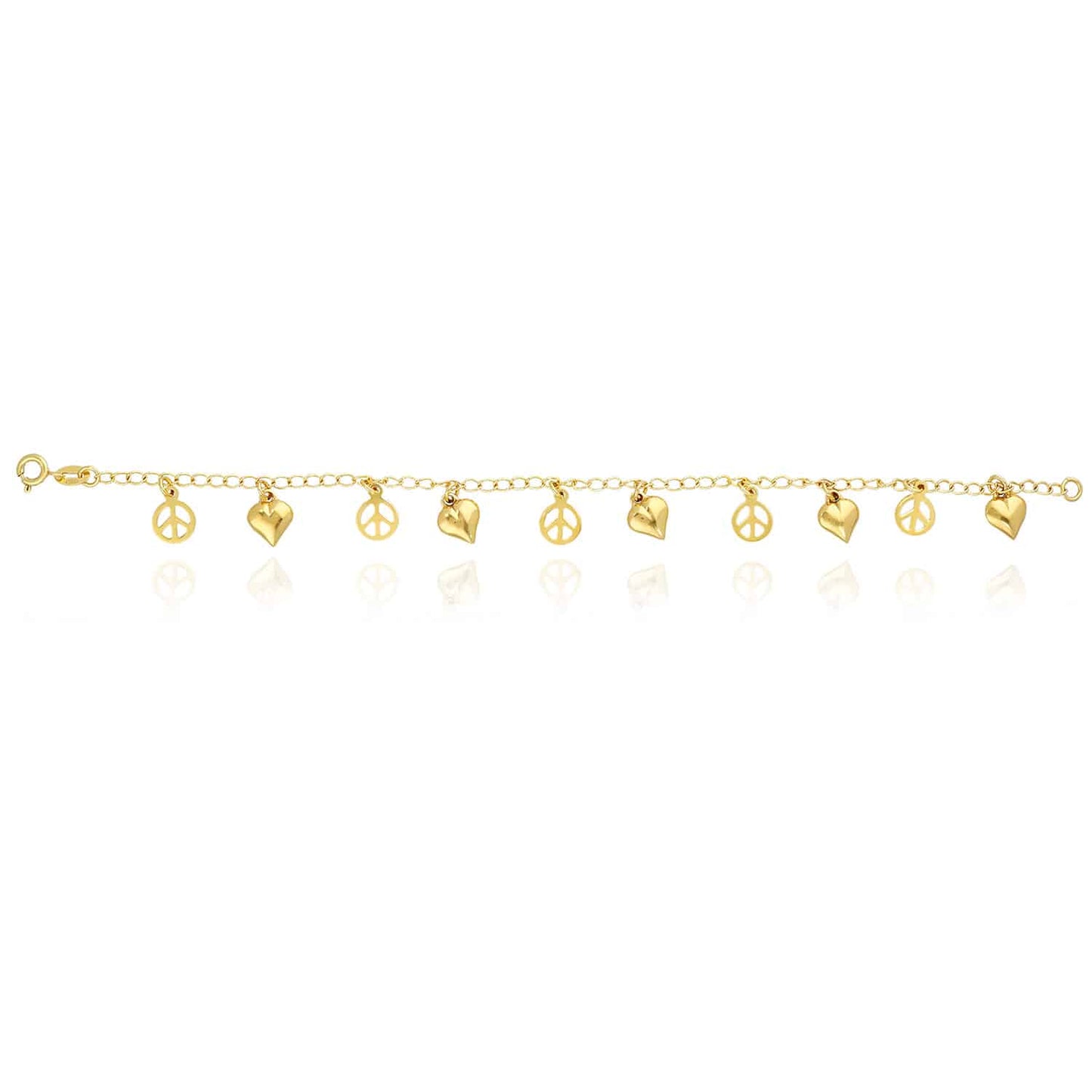 14K Gold Over Silver 2.5mm Puffed Hearts & Peace Signs Charms Bracelet 8"