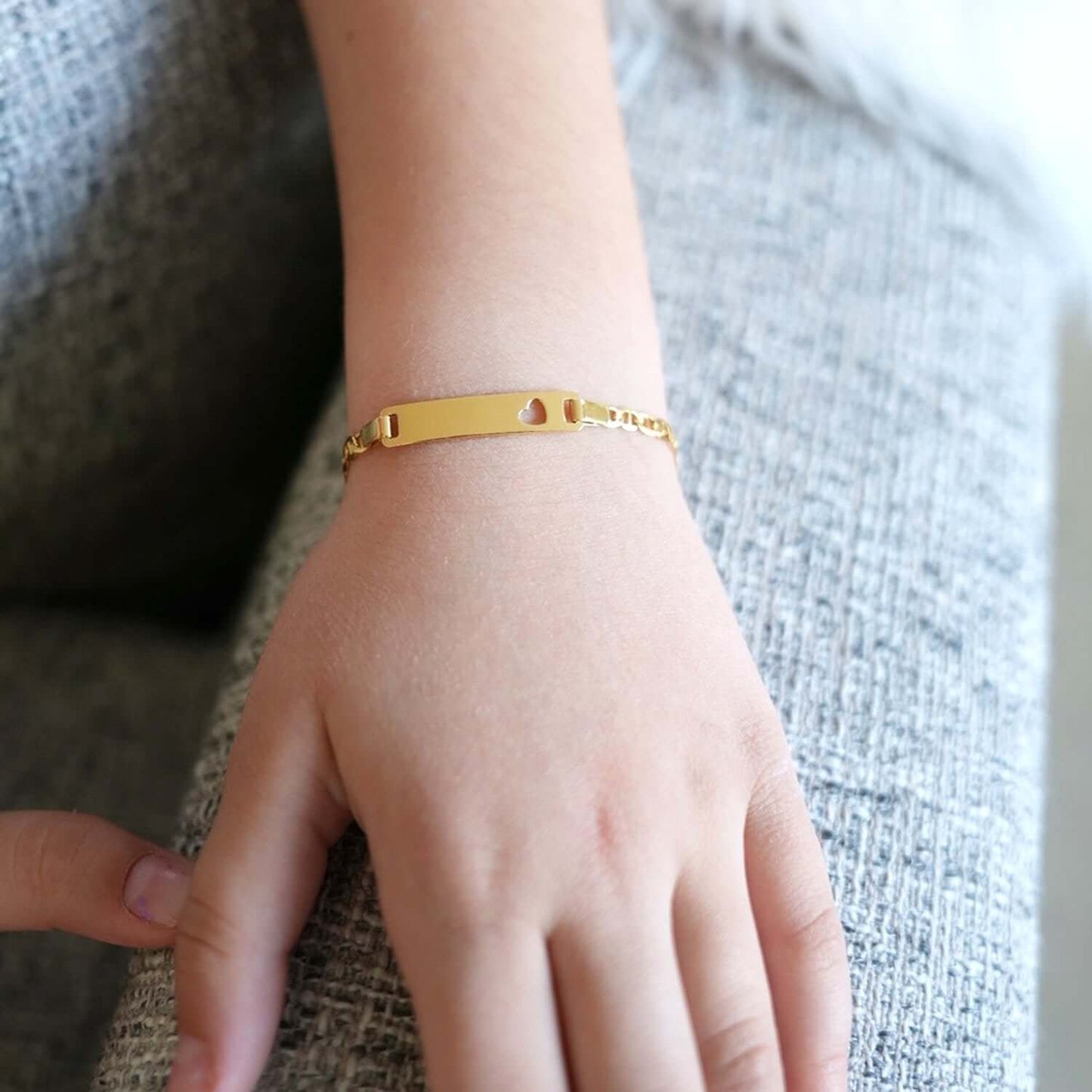 Kids Yellow Gold Over Sterling Silver 3.5mm Anchor Mariner Heart Engravable ID Bar Bracelet (Solid Links) 6"