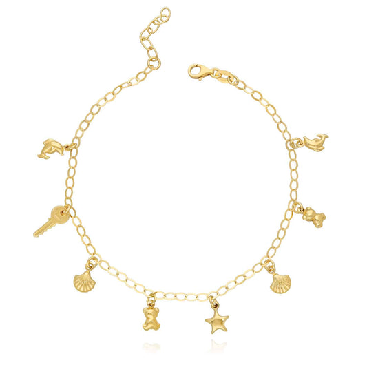 14K Yellow Gold Over Sterling Silver Dolphin Key Teddy Bear Star Seashell Charms Anklet (Solid Links) 9"-10"