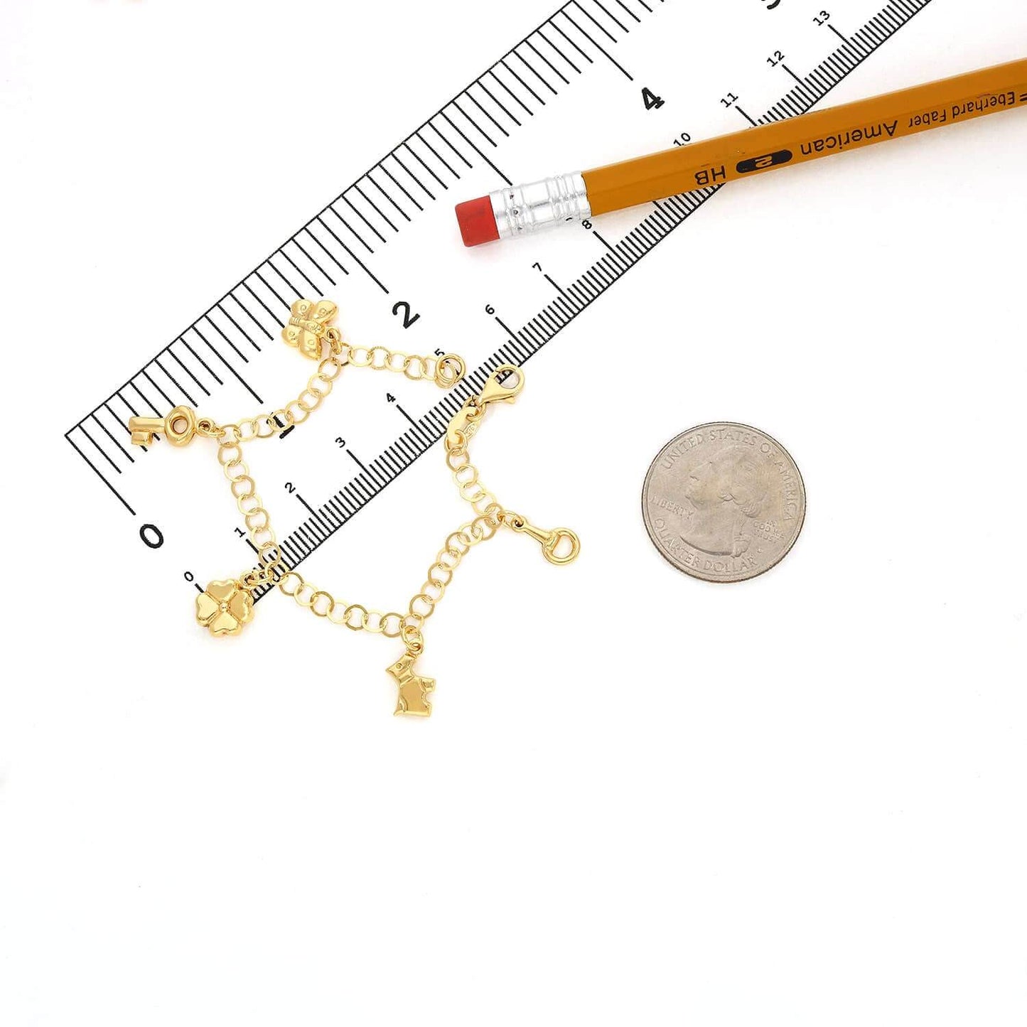 Kids Yellow Gold Over Sterling Silver Cable Butterfly Key Dog Clover Leaf Rattle Bracelet (Solid Links) 6"