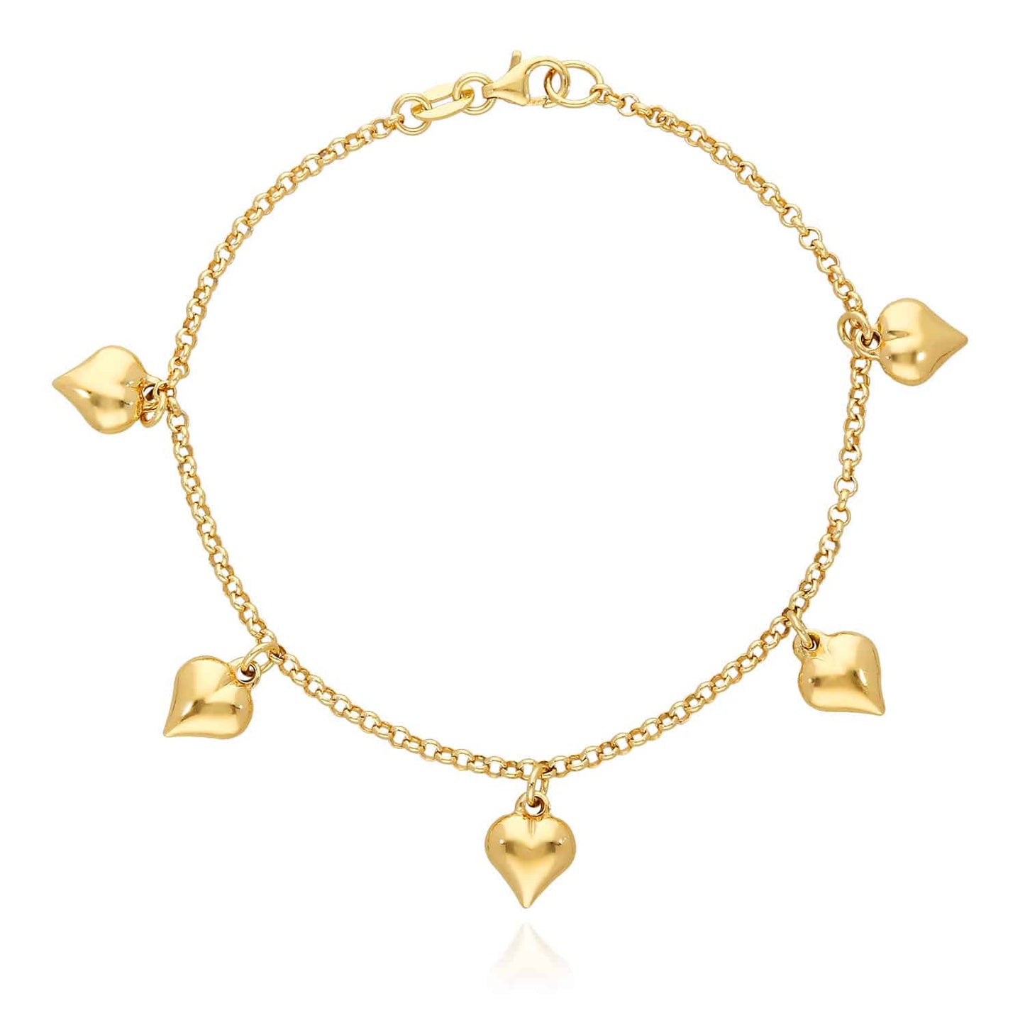 14k Gold Over Silver 2.5mm Rolo Puffed Heart Charms Bracelet 8"
