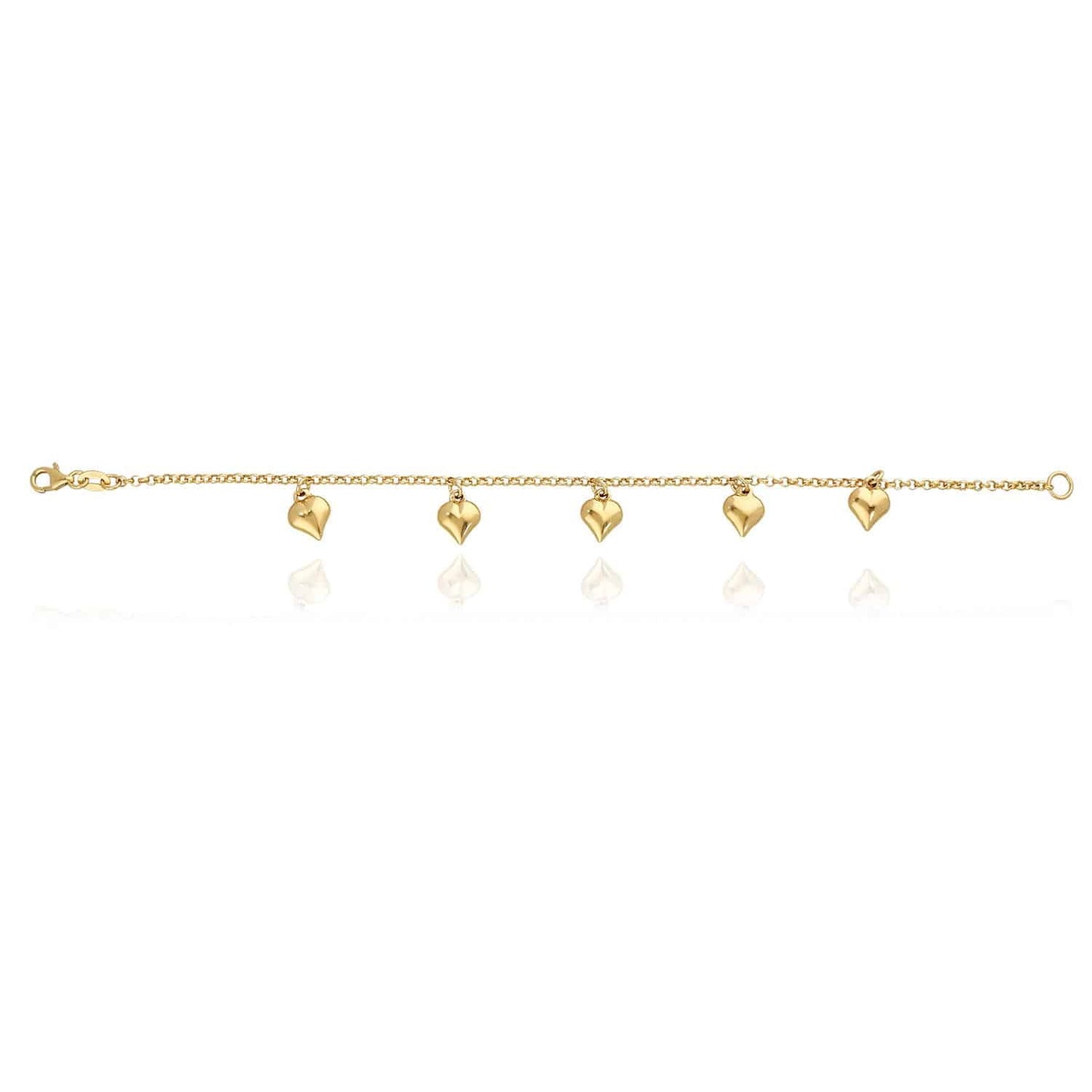14k Gold Over Silver 2.5mm Rolo Puffed Heart Charms Bracelet 8"