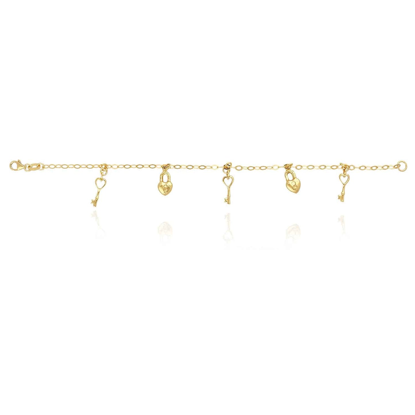 14K Yellow Gold Over Sterling Silver 3mm Puffed Locks & Keys Charm Bracelet (Solid Links) 8"