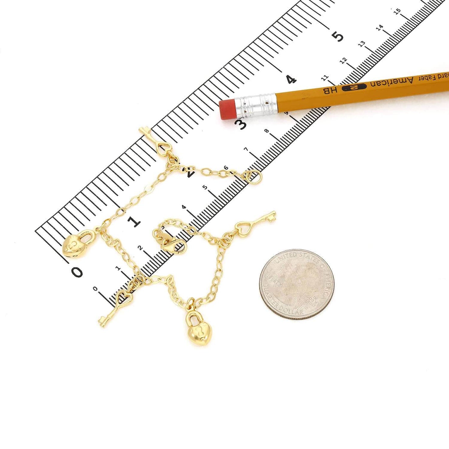 14K Yellow Gold Over Sterling Silver 3mm Puffed Locks & Keys Charm Bracelet (Solid Links) 8"