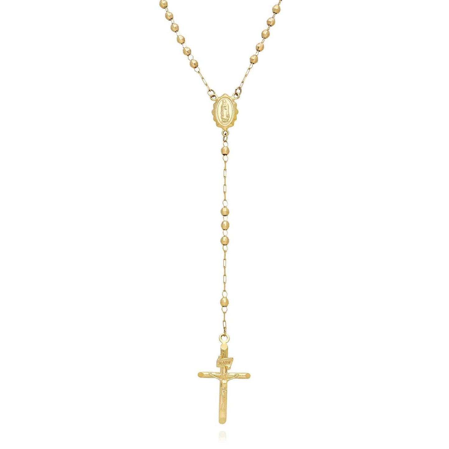 10K Gold 3mm Diamond-Cut Beads Rosary Chain Necklace 18"-20"