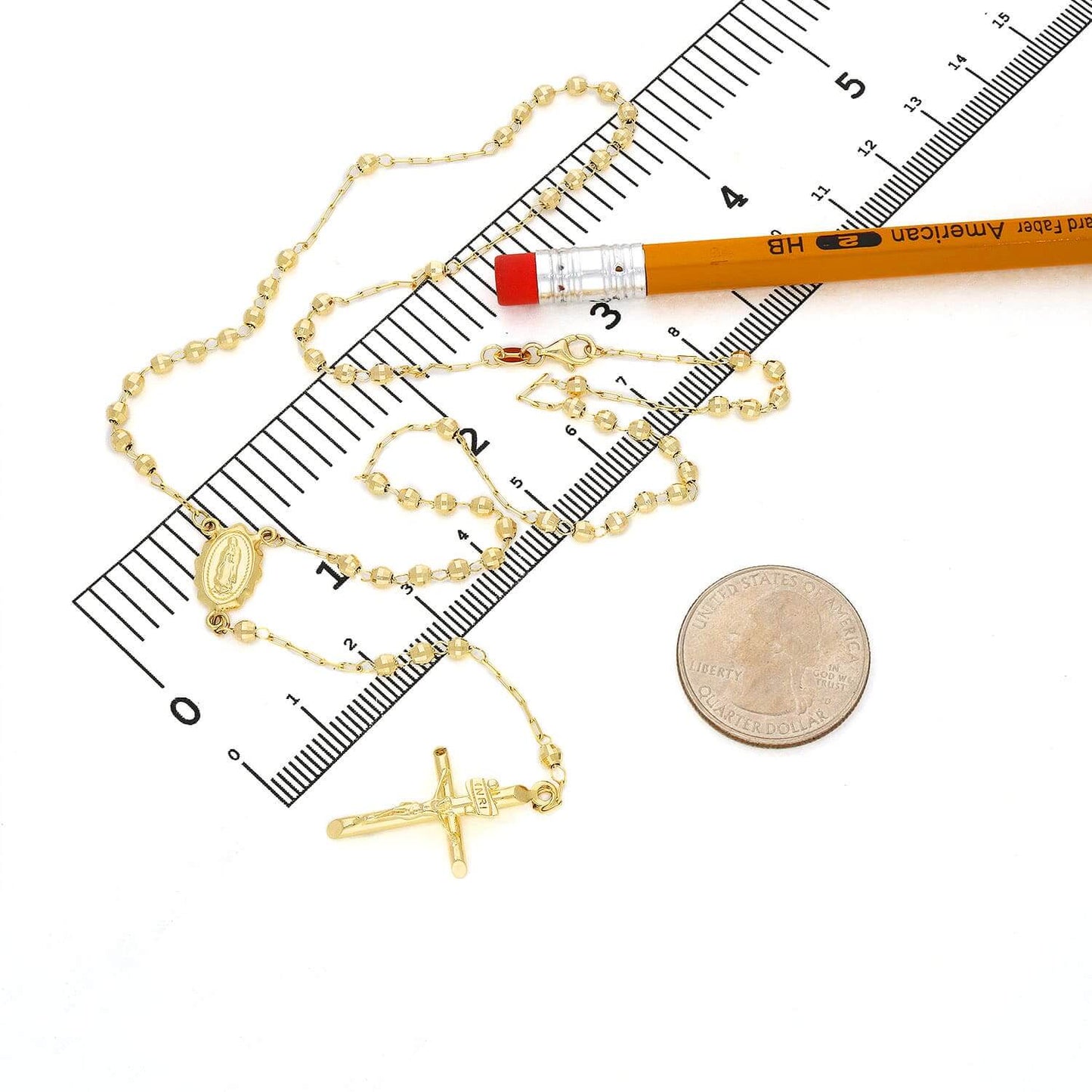 10K Gold 3mm Diamond-Cut Beads Rosary Chain Necklace 18"-20"
