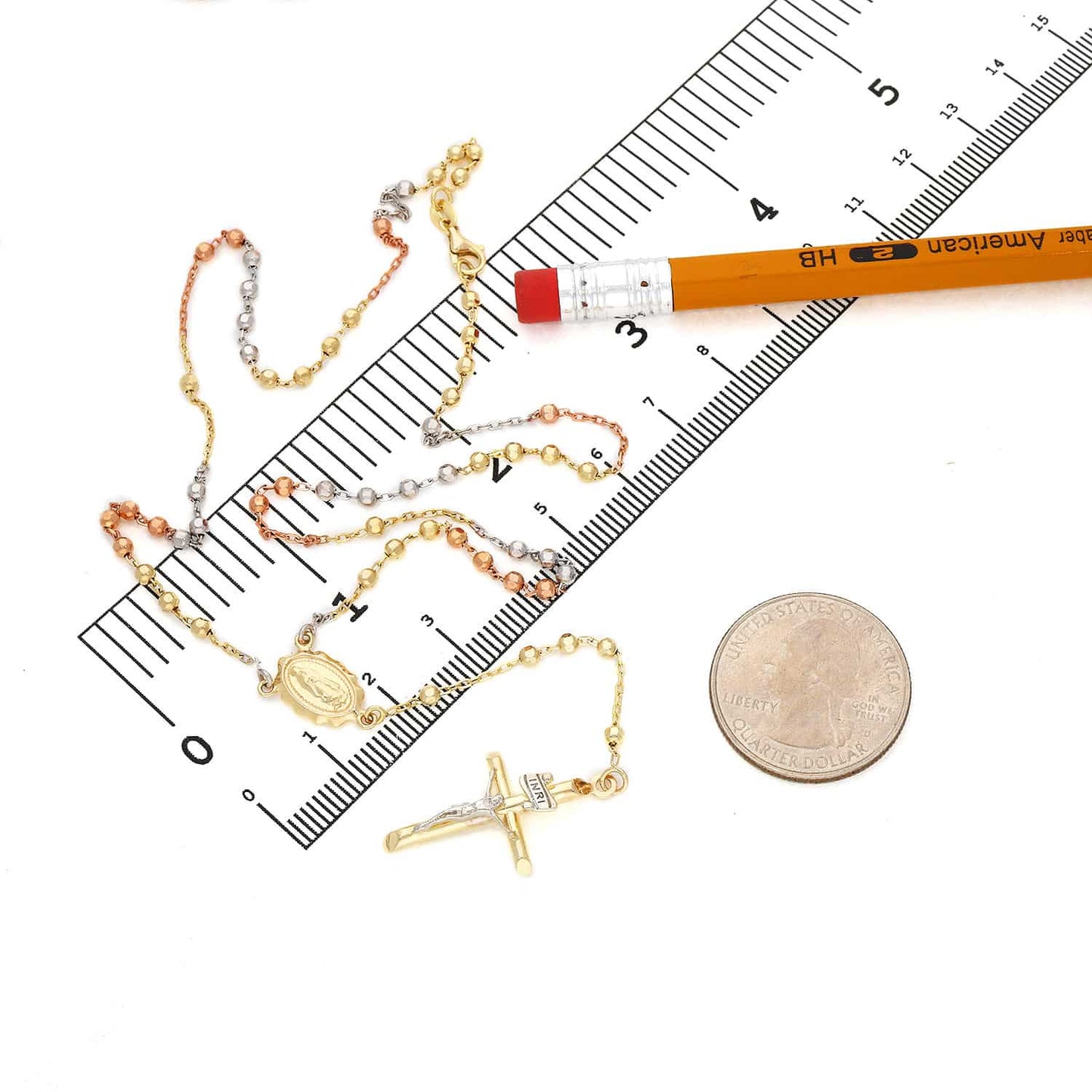 10K Tri-Color Gold 2.5mm Diamond-Cut Ball Beads Rosary Chain (Hollow) 18"