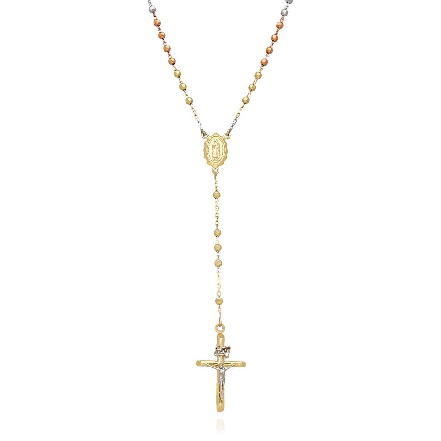 10K Tri-Color Gold 2.5mm Diamond-Cut Ball Beads Rosary Chain (Hollow) 18"