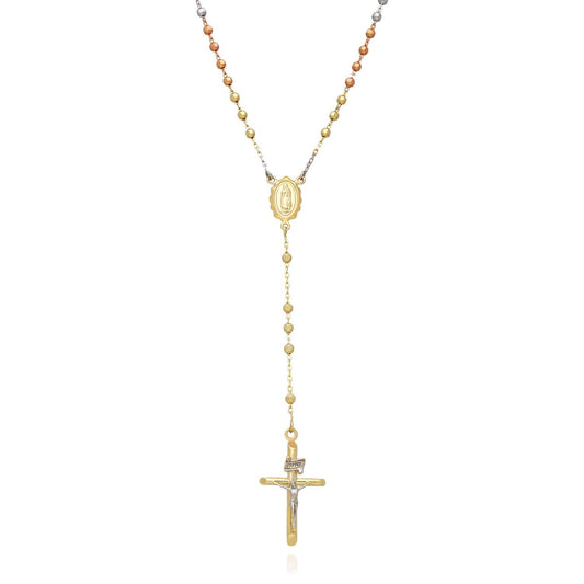 10K Tri-Color Gold 2.5mm Diamond-Cut Ball Beads Rosary Chain (Hollow) 18"