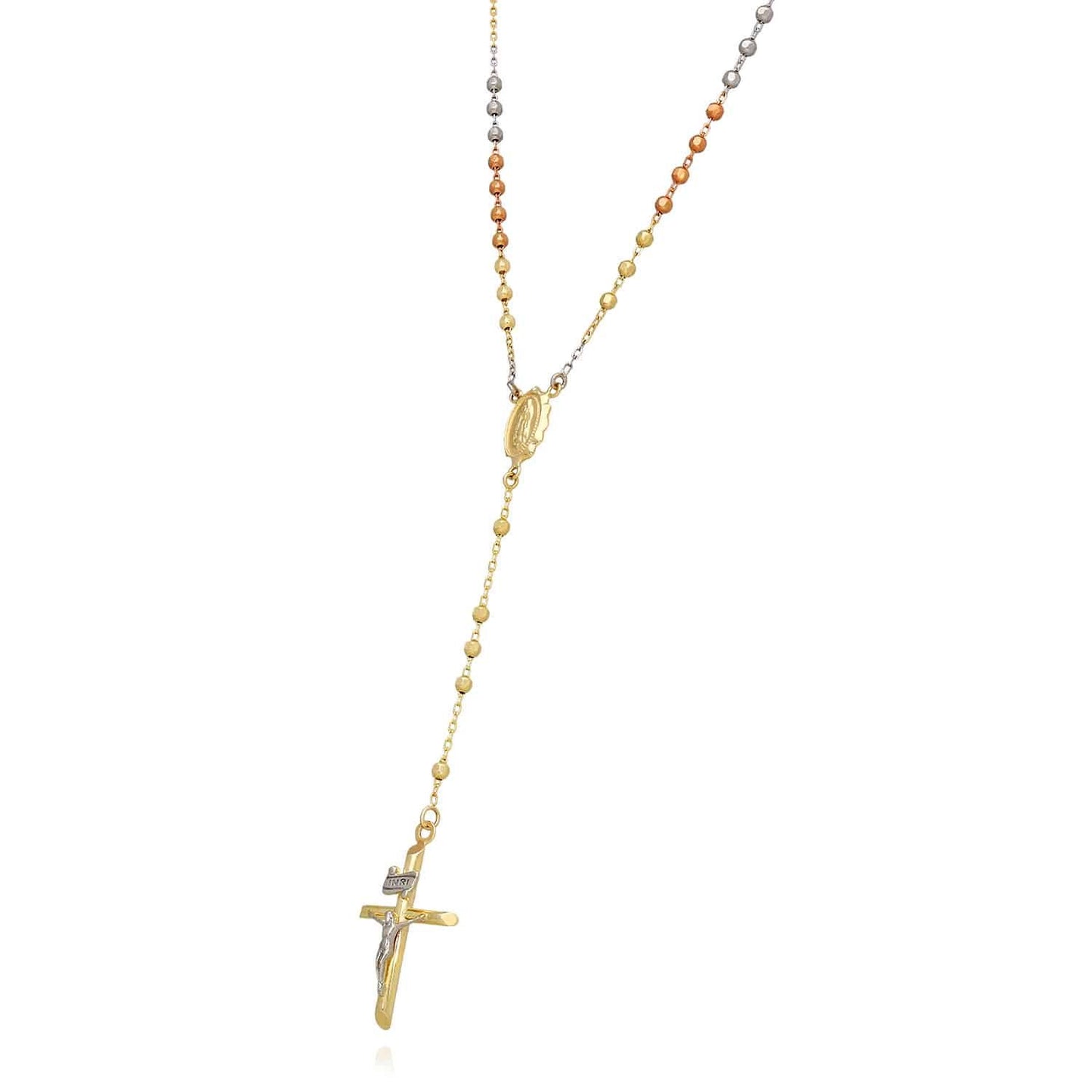 10K Tri-Color Gold 2.5mm Diamond-Cut Ball Beads Rosary Chain (Hollow) 18"