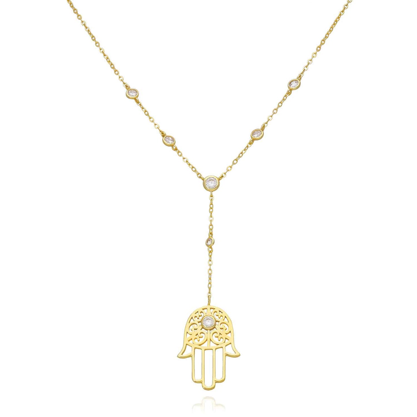 18K Gold Over Silver Hamsa Hand CZ Station Chain Necklace 16"-18" Adjustable