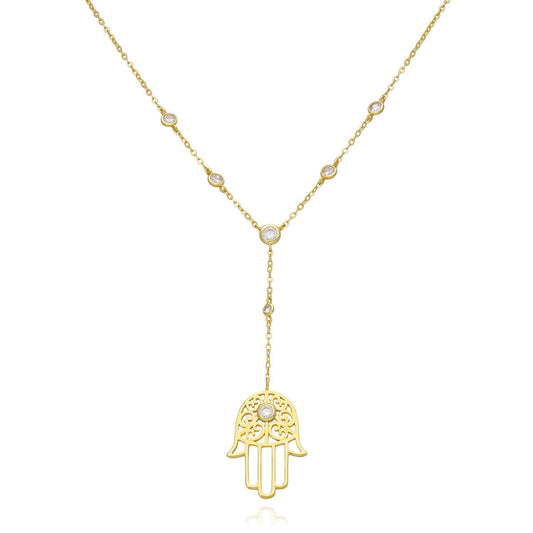 18K Yellow Gold Over Sterling Silver Hamsa Hand CZ Station Chain (Solid Links) 16"-18" Adjustable