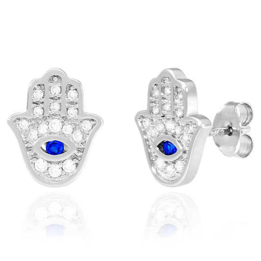 925 Sterling Silver CZ Sapphire Eye Hamsa 11.5mm Stud Earrings