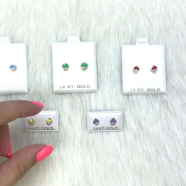 Kid's 14K Solid Yellow Gold Enameled Small Cupcake Screw Back Stud Earrings